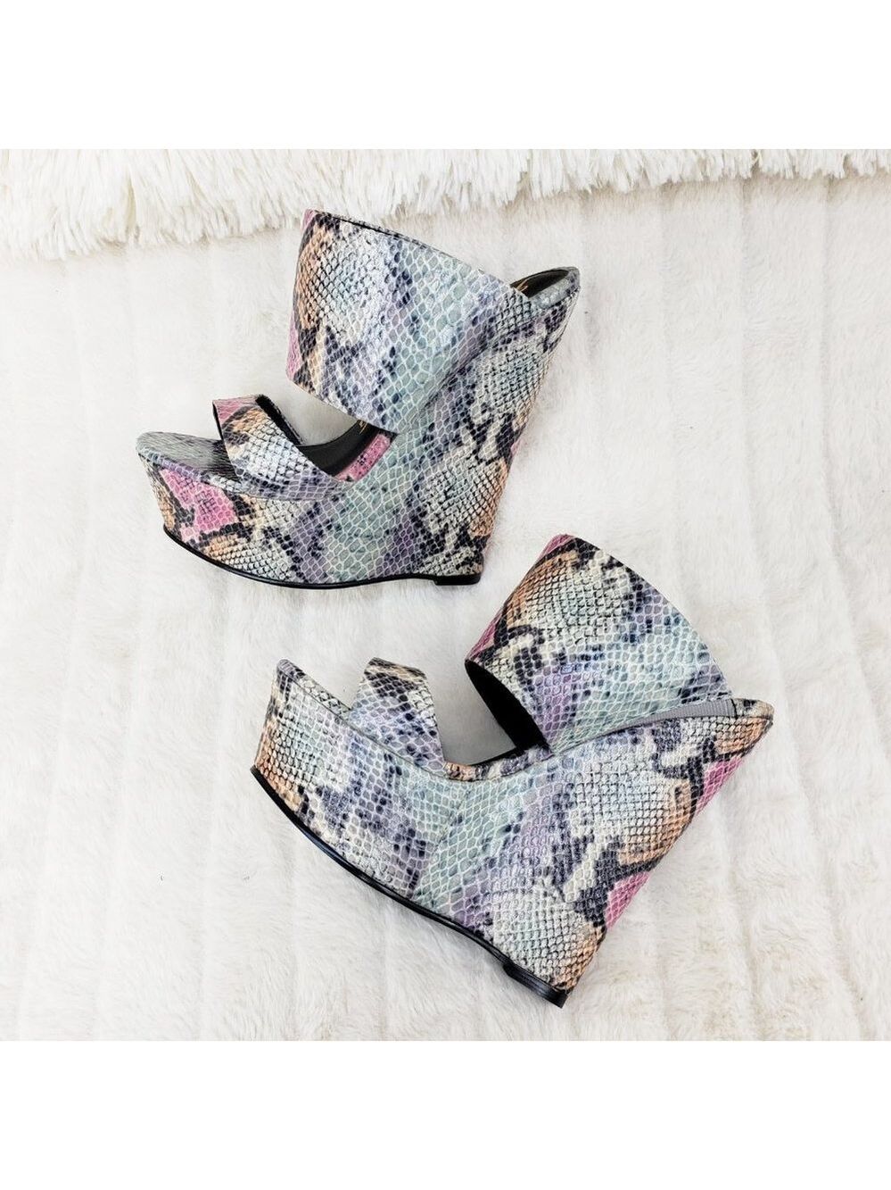Wide Strap Slip On Multicolor Snake Print 6" Wedge Heel Shoe Platform Sandals - Picture 3 of 13